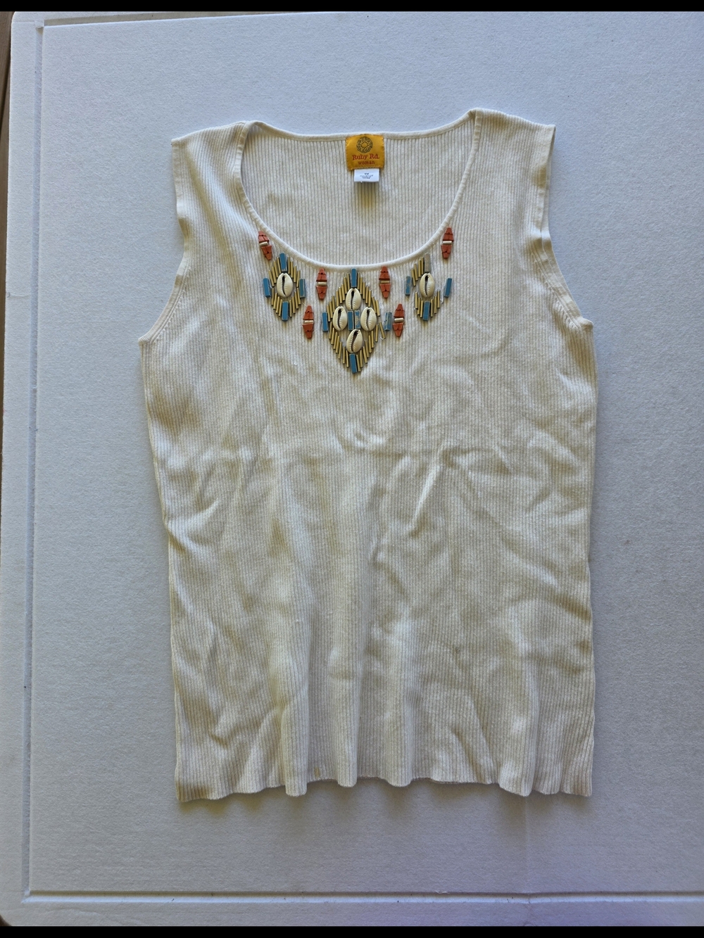Western Boho Ruby Rd. Cream Ribbed Tank with Beaded Necklace Detail